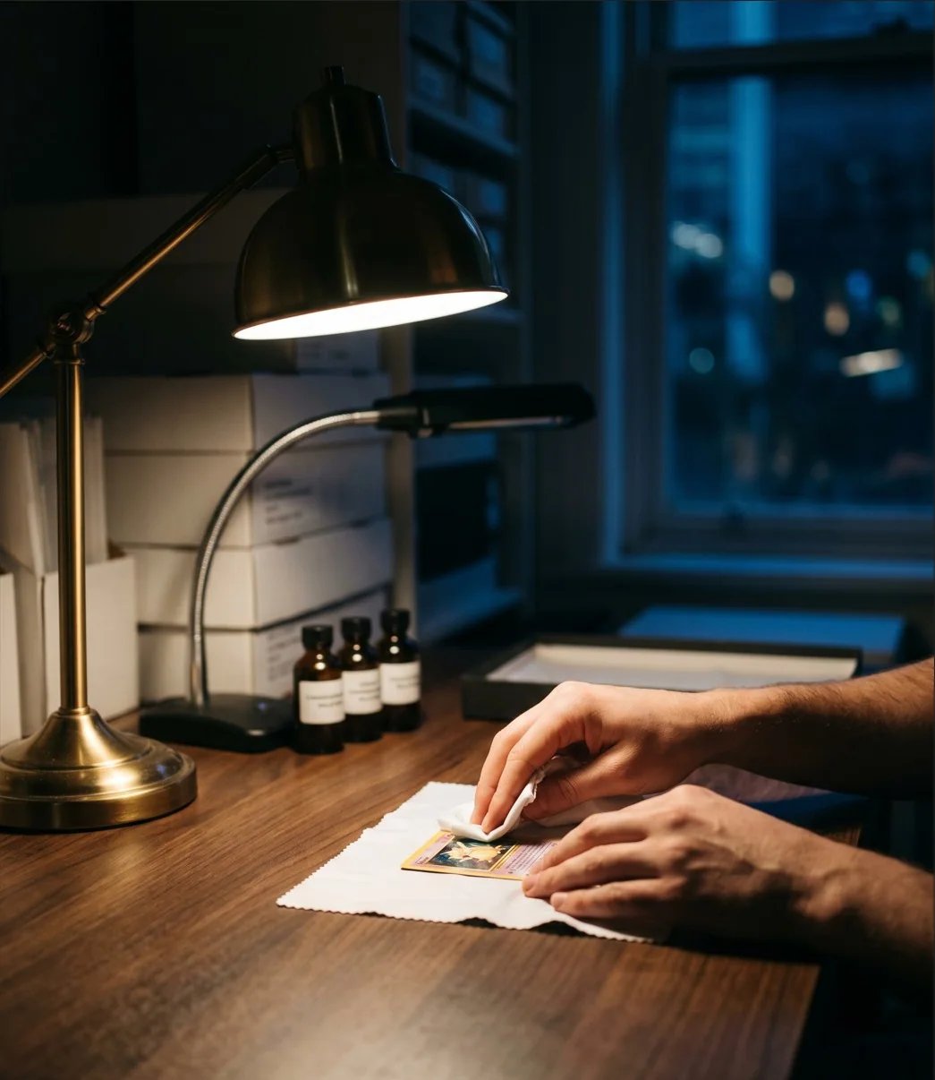 CardRevive Sydney workshop interior. Hands cleaning a trading card on a walnut conservation bench under warm lamplight