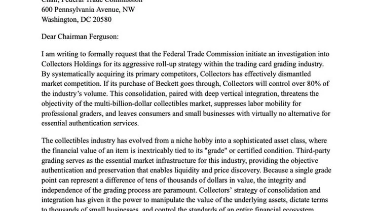 Member of Congress Calls for FTC Antitrust Probe Into Trading Card Grading Industry, What It Means for CardRevive and Collectors Everywhere. CardRevive blog